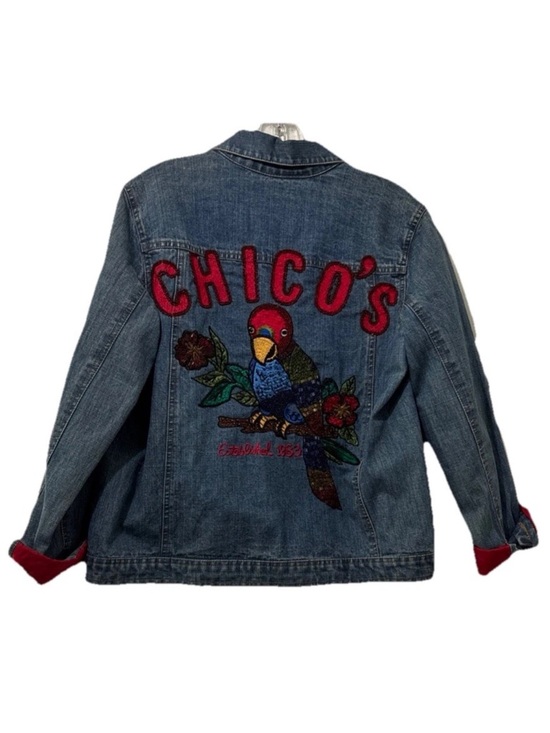 Chico's Jackets & Blazers - Chico's Denim Jacket with Colorful Parrot Embroidery Beaded Artsy Retro Boho